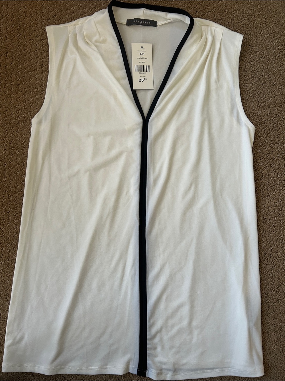 Suzy Shier White Sleeveless V-Neck Tank with Black Trim